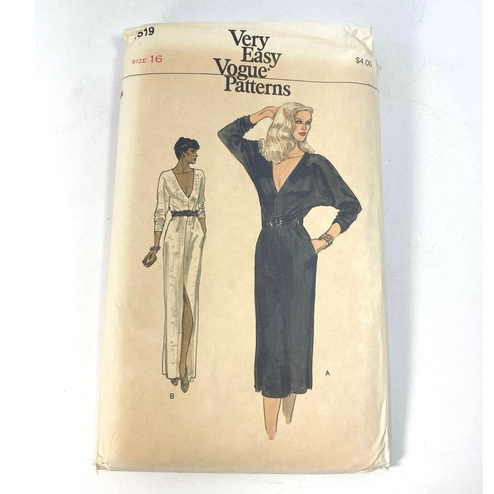 VTG 1980 Very Easy Vogue 7519 Plunge V Dress Dolman Sleeve Evening Sz 16 UC FF
